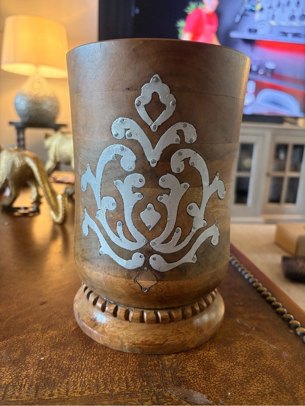 8.25-Inch Tall Wood And Metal Inlay Heritage Collection Utensil Holder